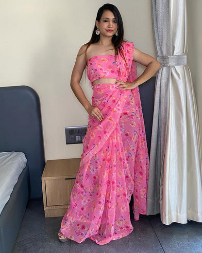 Pink Floral Printed Ready-to-Wear Saree  330