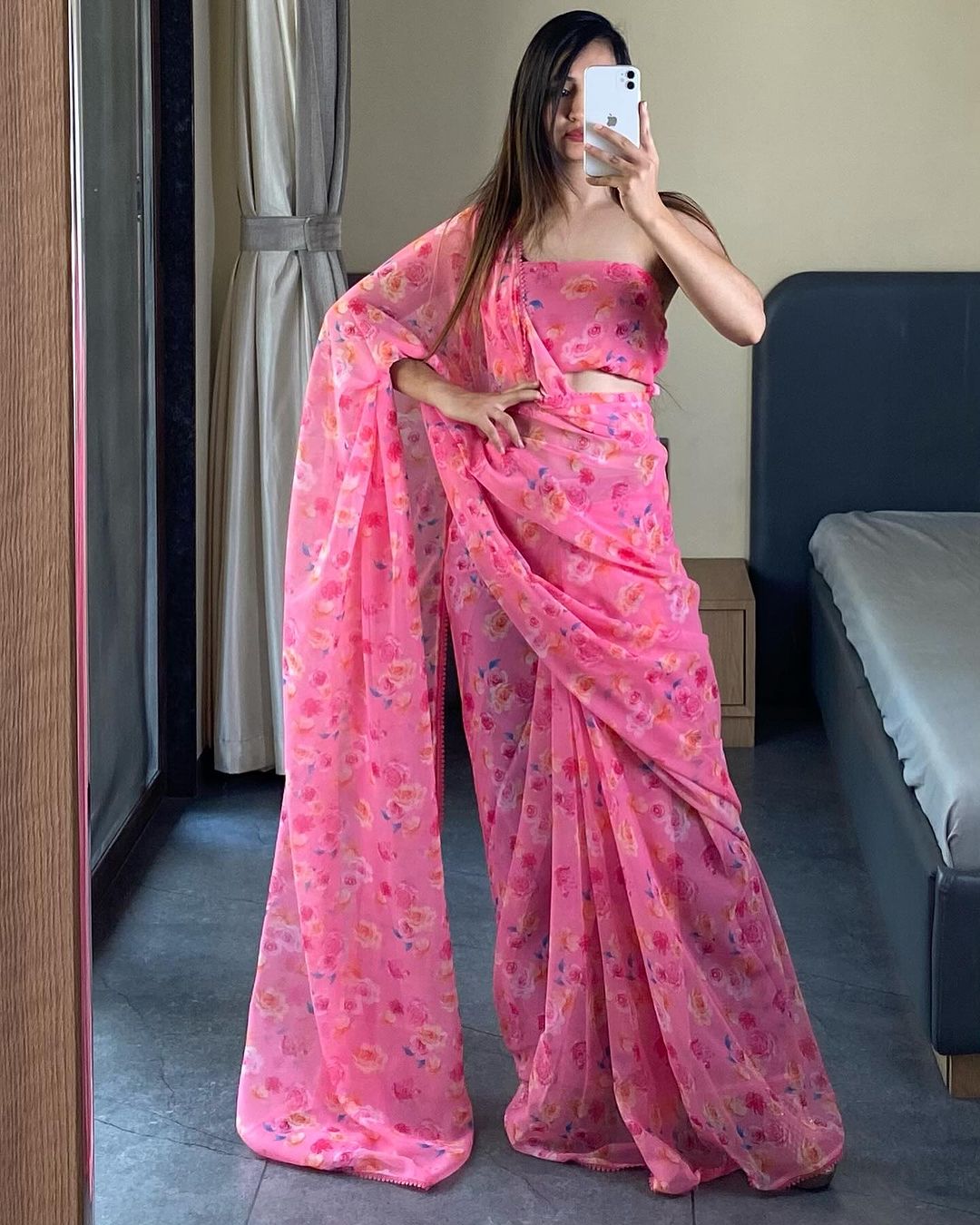 Pink Floral Printed Ready-to-Wear Saree  330