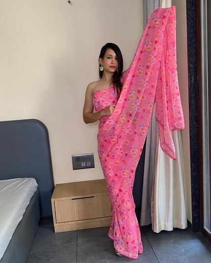 Pink Floral Printed Ready-to-Wear Saree  330