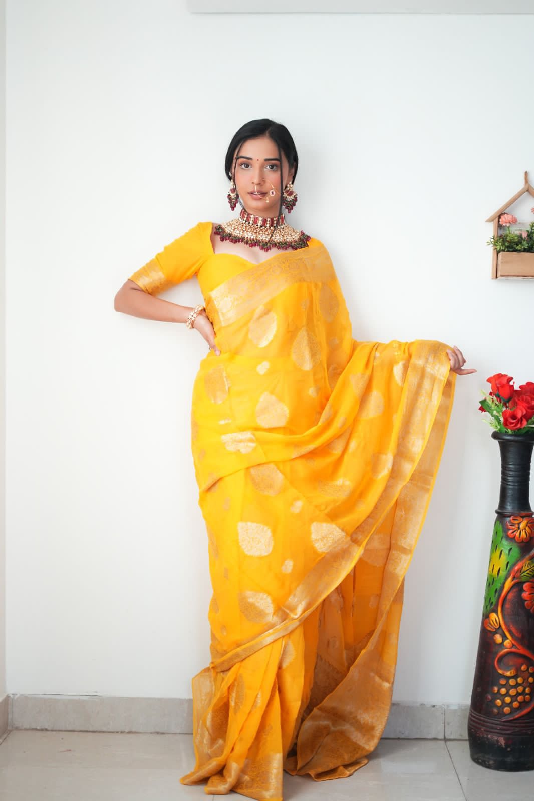 Yellow Banarsi Design Ready-to-Wear Saree 145