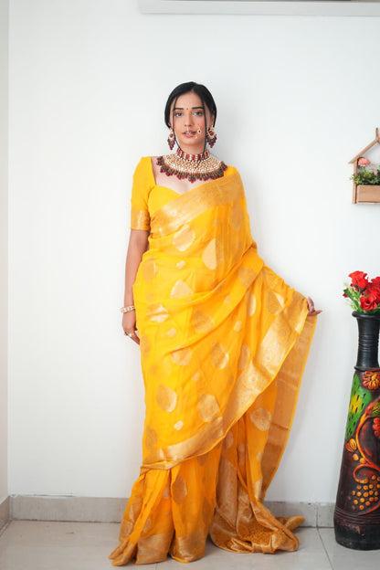 Yellow Banarsi Design Ready-to-Wear Saree 145
