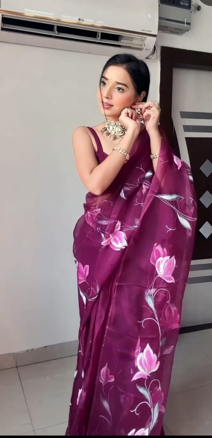 Wine floral Printed Ready-to-Wear Saree 177