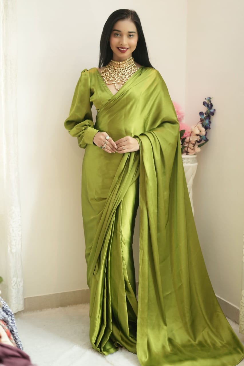 Green Satin Ready-to-Wear Saree – Elegant & Effortless Draping - 175