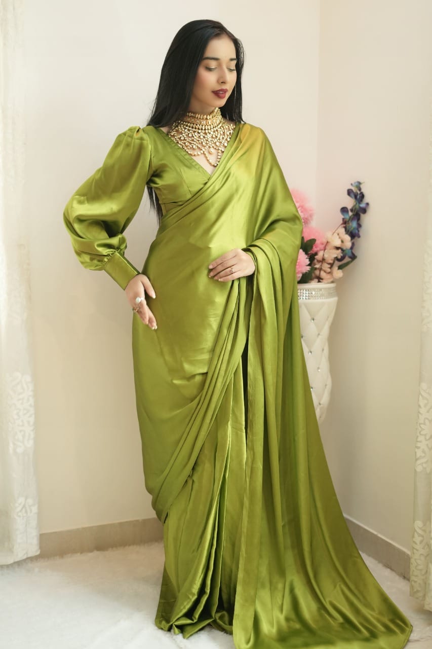 Green Satin Ready-to-Wear Saree – Elegant & Effortless Draping - 175