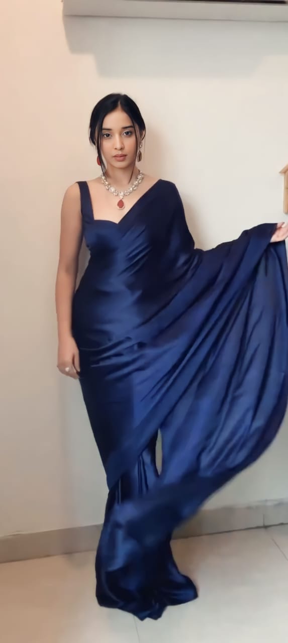 Navy Blue Satin Ready-to-Wear Saree – Elegant & Effortless Draping - 175