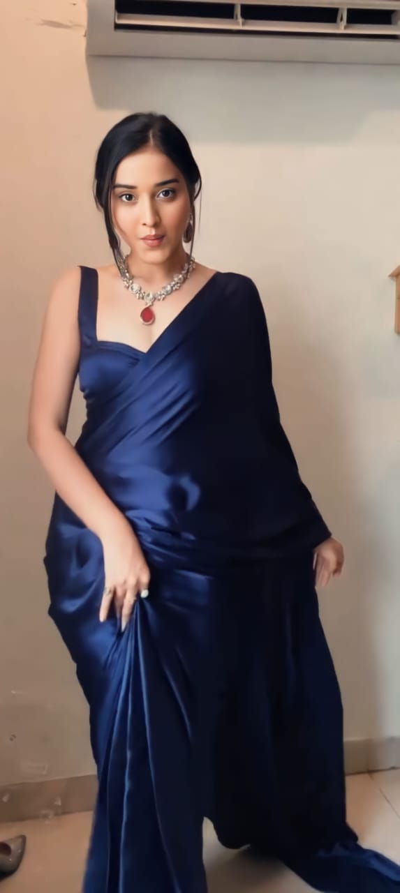 Navy Blue Satin Ready-to-Wear Saree – Elegant & Effortless Draping - 175