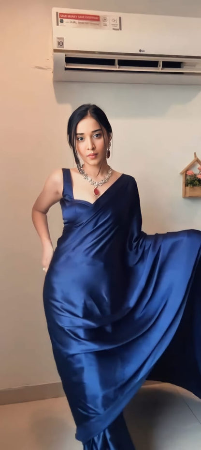 Navy Blue Satin Ready-to-Wear Saree – Elegant & Effortless Draping - 175