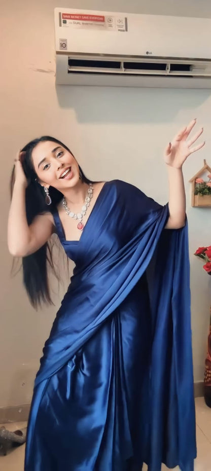 Navy Blue Satin Ready-to-Wear Saree – Elegant & Effortless Draping - 175