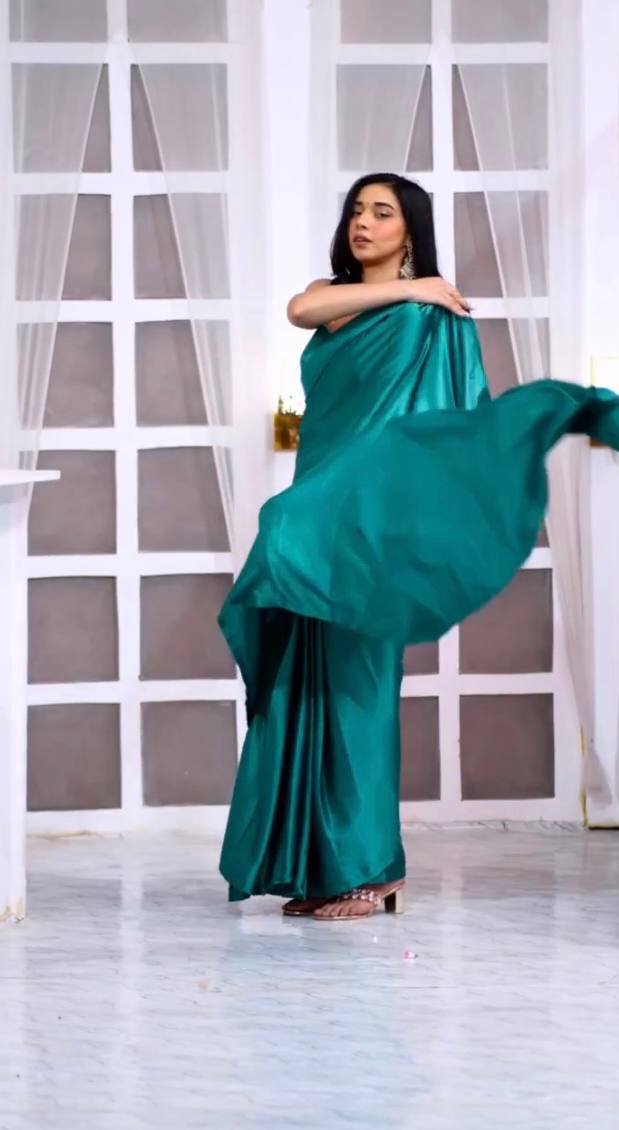 Green Satin Ready-to-Wear Saree – Elegant; Effortless Draping - 175