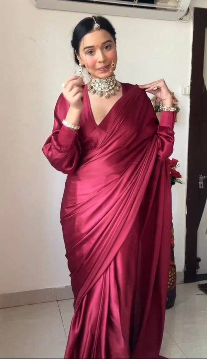 Maroon Satin Ready-to-Wear Saree – Elegant & Effortless Draping - 175