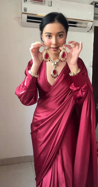 Maroon Satin Ready-to-Wear Saree – Elegant & Effortless Draping - 175