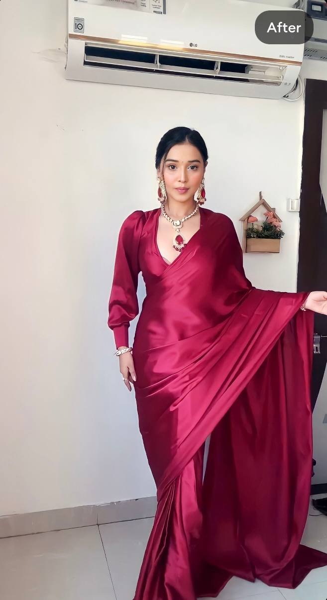 Maroon Satin Ready-to-Wear Saree – Elegant & Effortless Draping - 175