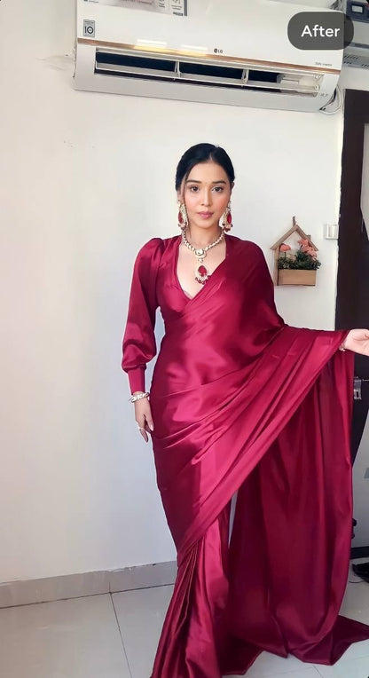 Maroon Satin Ready-to-Wear Saree – Elegant & Effortless Draping - 175