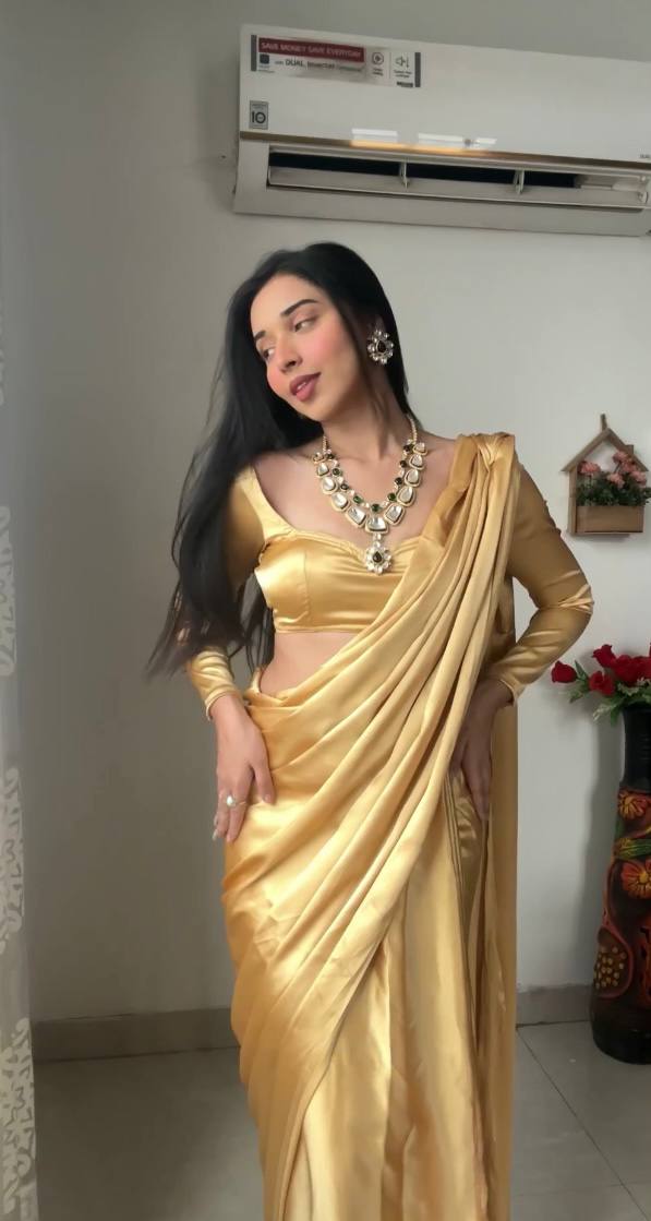 Golden Satin Ready-to-Wear Saree – Elegant & Effortless Draping - 175