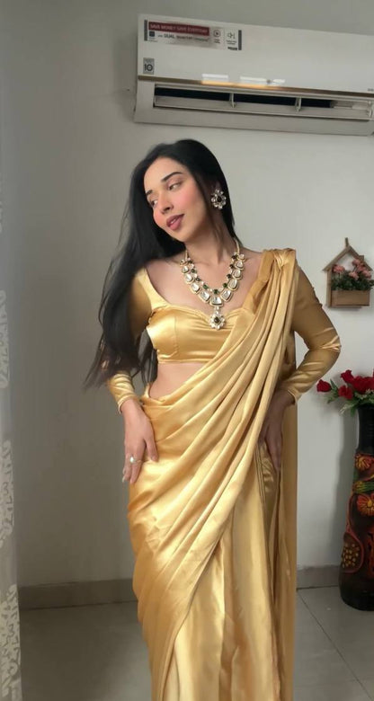 Golden Satin Ready-to-Wear Saree – Elegant & Effortless Draping - 175