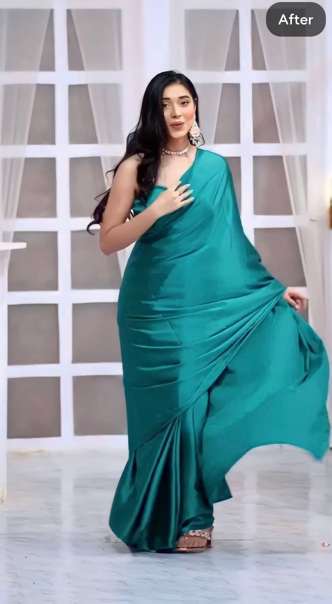 Green Satin Ready-to-Wear Saree – Elegant; Effortless Draping - 175