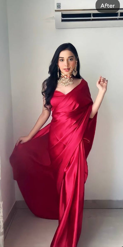 Red Satin Ready-to-Wear Saree – Elegant & Effortless Draping - 175