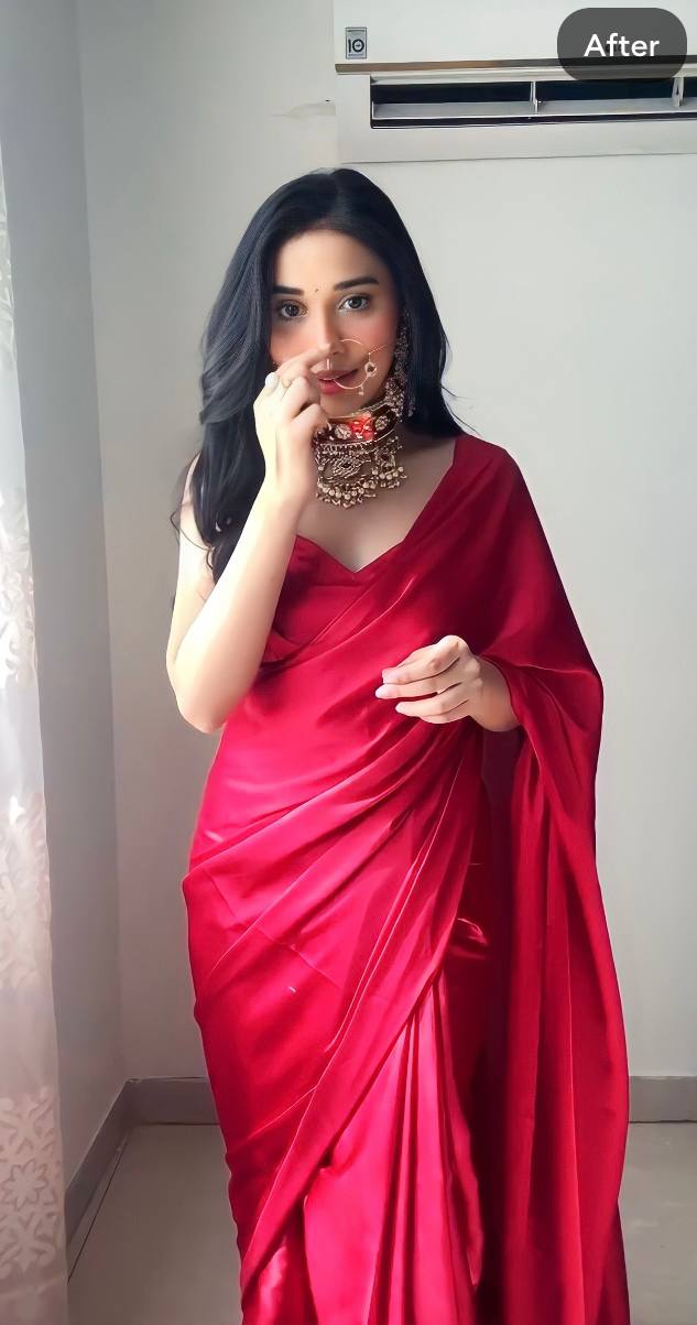 Red Satin Ready-to-Wear Saree – Elegant & Effortless Draping - 175