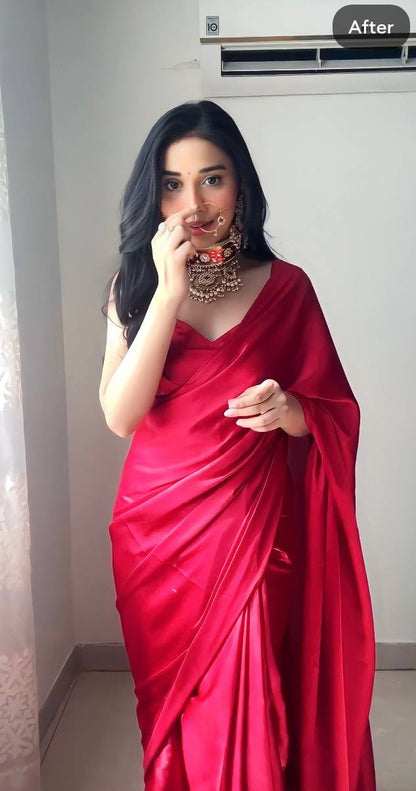 Red Satin Ready-to-Wear Saree – Elegant & Effortless Draping - 175