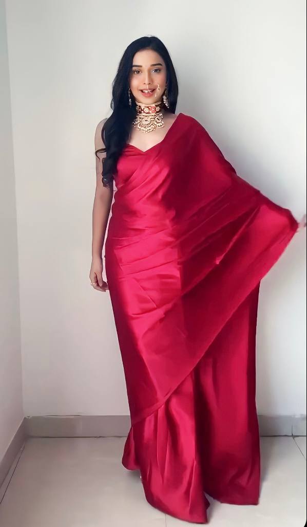 Red Satin Ready-to-Wear Saree – Elegant & Effortless Draping - 175