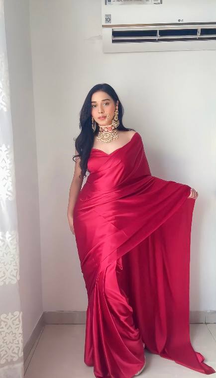 Red Satin Ready-to-Wear Saree – Elegant & Effortless Draping - 175