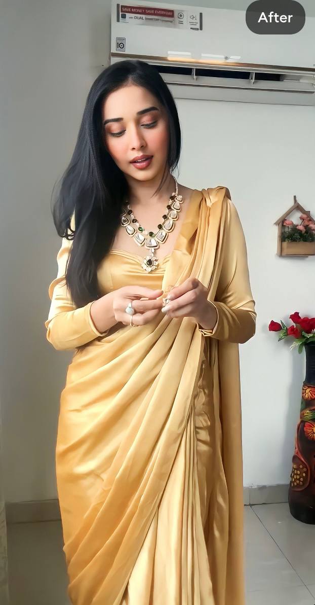 Golden Satin Ready-to-Wear Saree – Elegant & Effortless Draping - 175