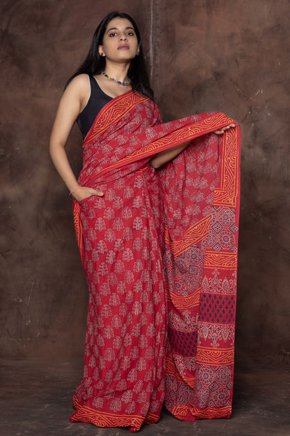 Red Cotton Ready-to-Wear Saree 454
