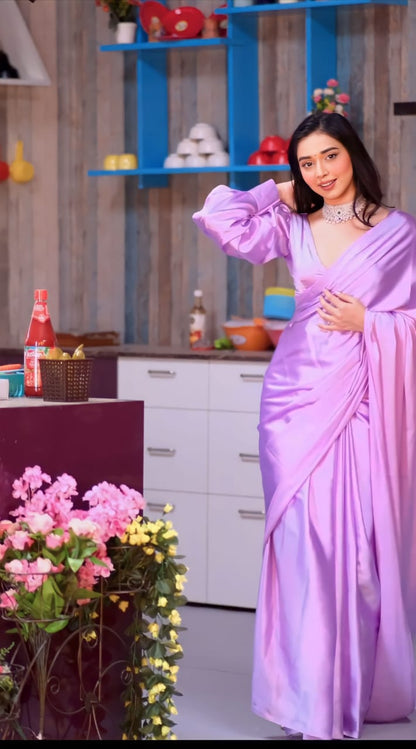 Lavender Satin Ready-to-Wear Saree – Elegant & Effortless Draping - 175
