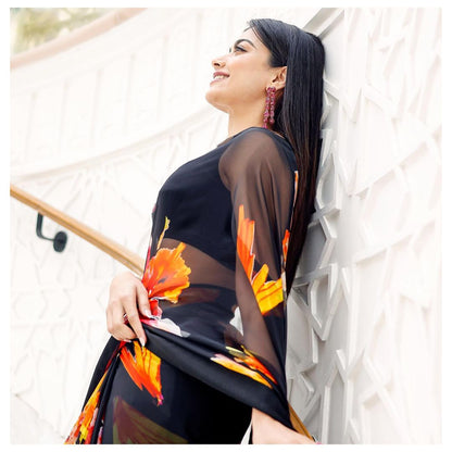 Black floral Printed Ready-to-Wear Saree 203