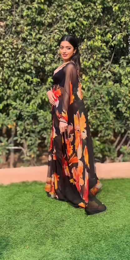 Black floral Printed Ready-to-Wear Saree 203