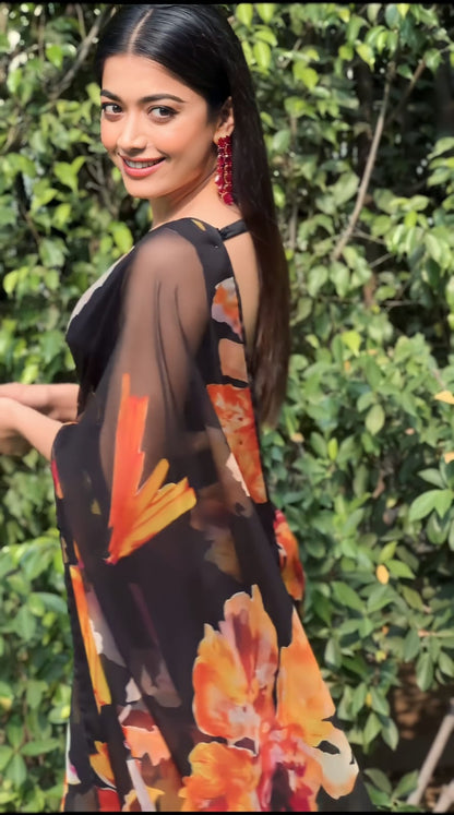 Black floral Printed Ready-to-Wear Saree 203