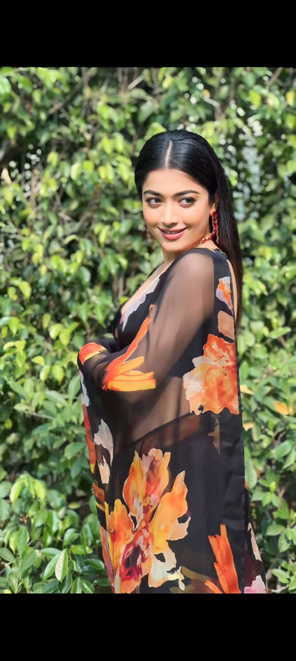 Black floral Printed Ready-to-Wear Saree 203