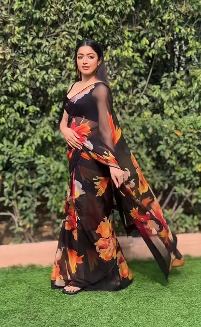 Black floral Printed Ready-to-Wear Saree 203