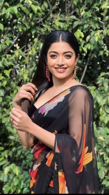 Black floral Printed Ready-to-Wear Saree 203