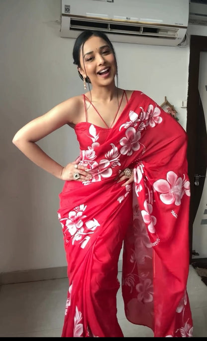 Red floral Printed Ready-to-Wear Saree 201