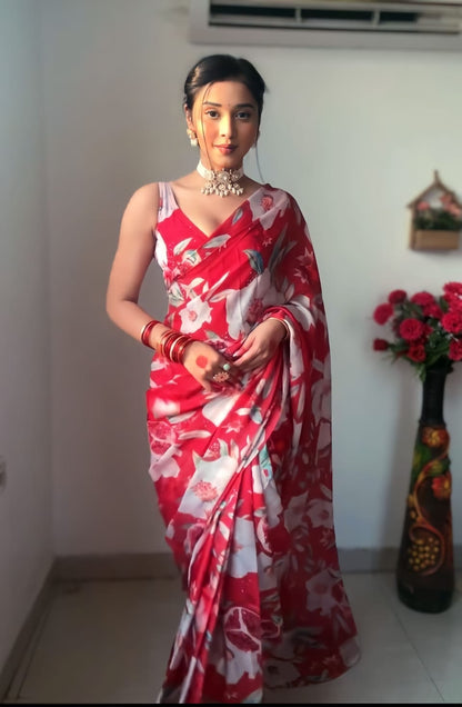 Red and White floral Printed Ready-to-Wear Saree 202