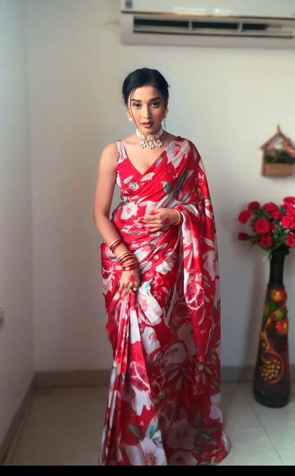 Red and White floral Printed Ready-to-Wear Saree 202