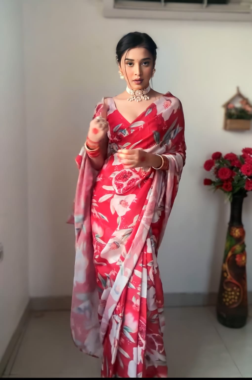 Red and White floral Printed Ready-to-Wear Saree 202