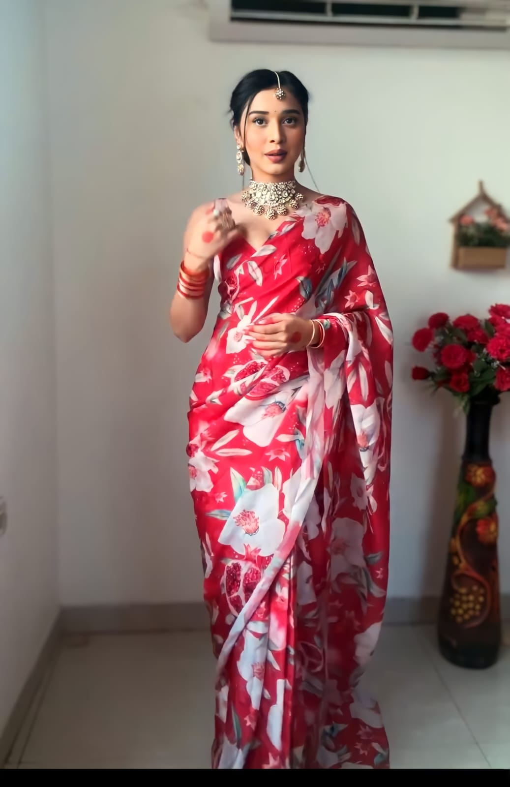 Red and White floral Printed Ready-to-Wear Saree 202