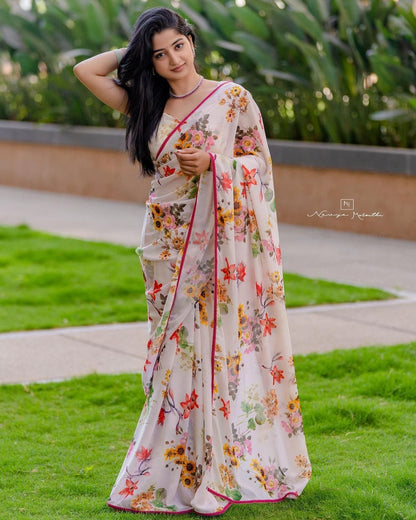 White floral Printed Ready-to-Wear Saree 205