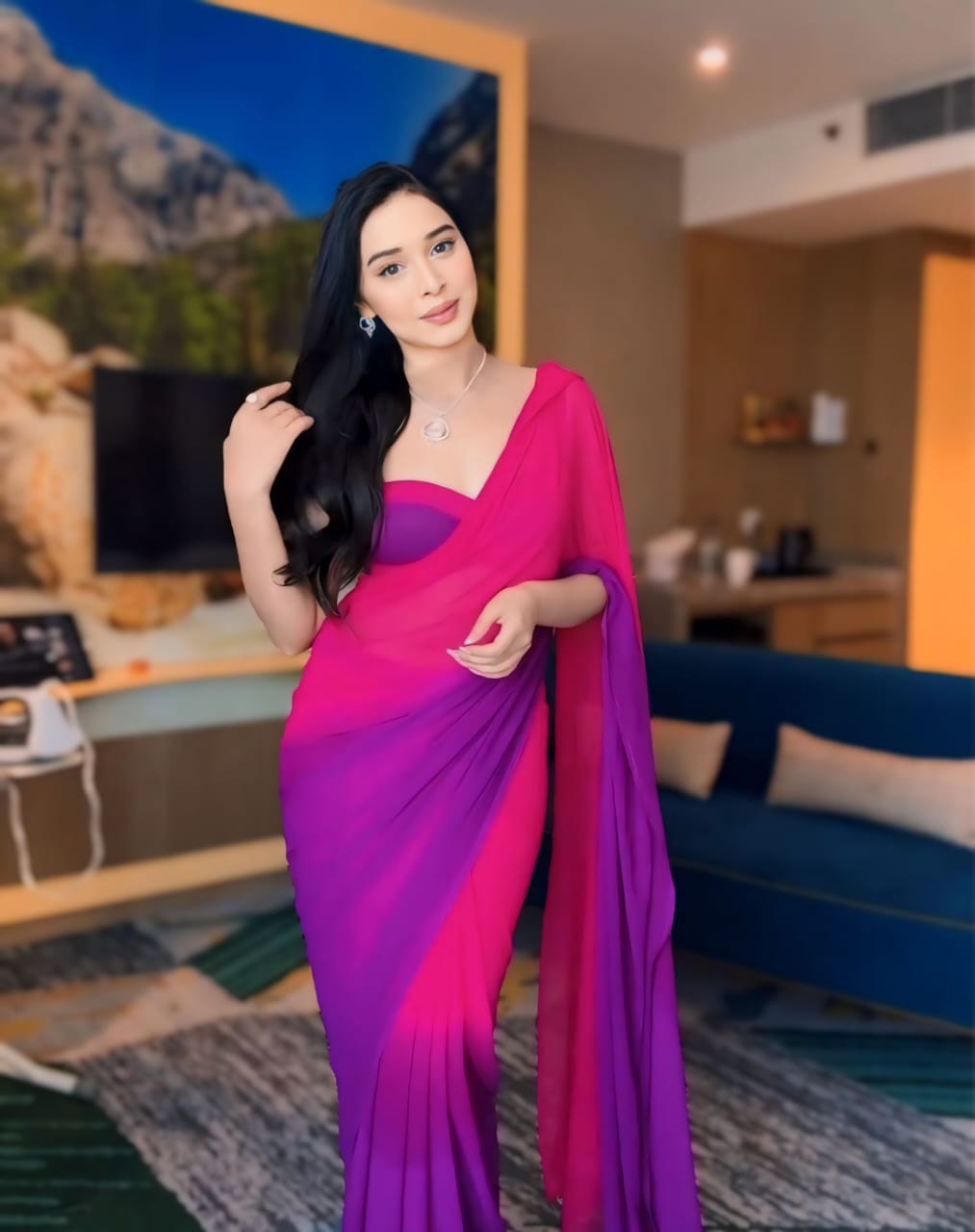 Pink and Purple ombre georgette Ready-to-Wear Saree 244