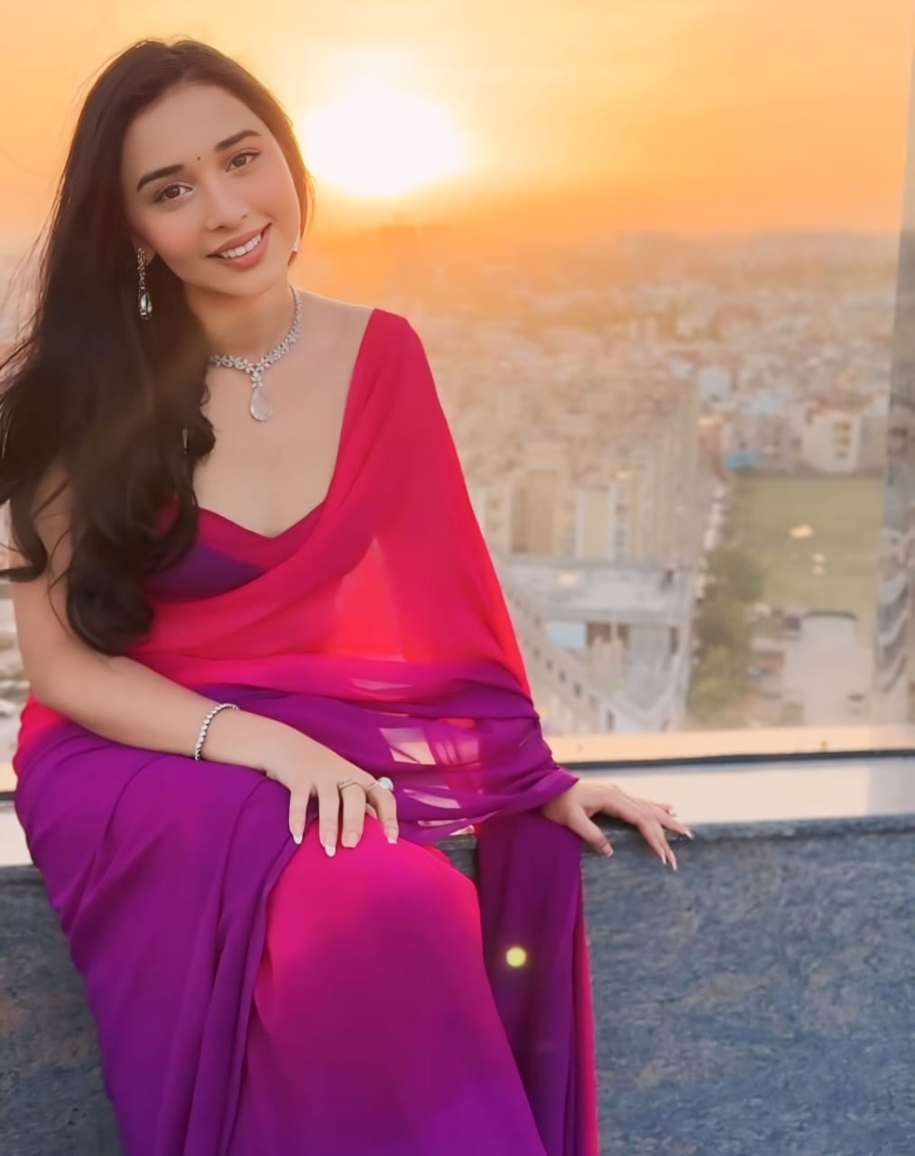 Pink and Purple ombre georgette Ready-to-Wear Saree 244