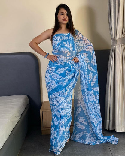 Blue and white floral Printed Ready-to-Wear Saree 251