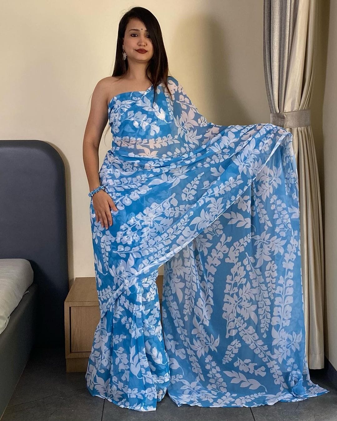 Blue and white floral Printed Ready-to-Wear Saree 251