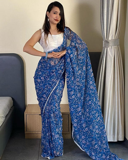 Blue floral Printed Ready-to-Wear Saree 252