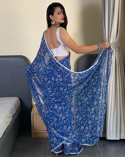 Blue floral Printed Ready-to-Wear Saree 252