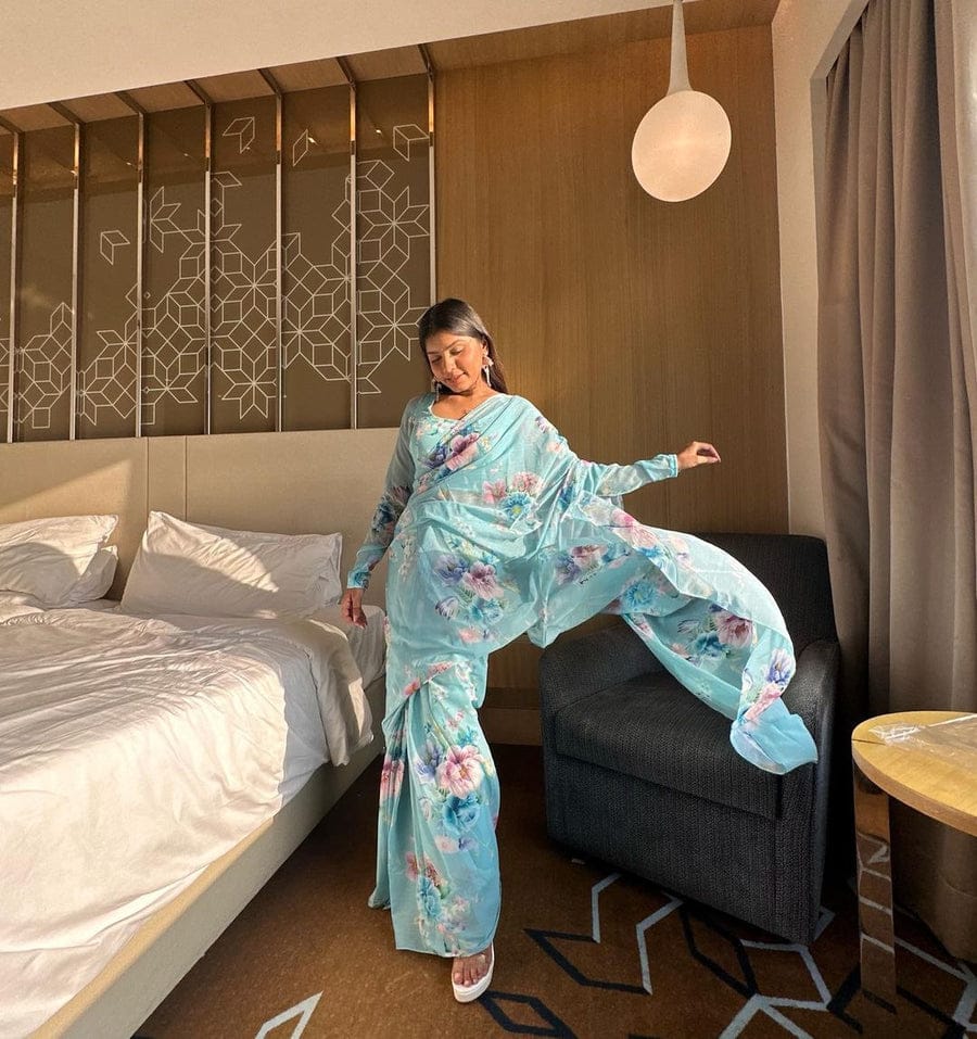 Light Blue floral Printed Ready-to-Wear Saree 253