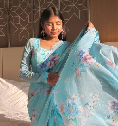 Light Blue floral Printed Ready-to-Wear Saree 253