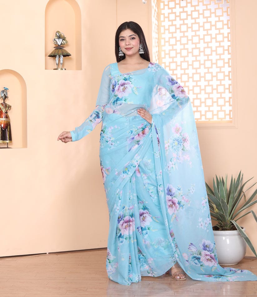 Light Blue floral Printed Ready-to-Wear Saree 253
