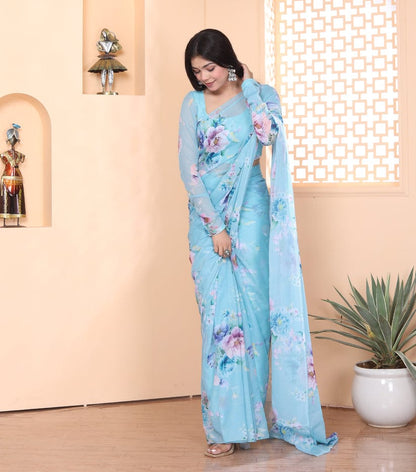 Light Blue floral Printed Ready-to-Wear Saree 253